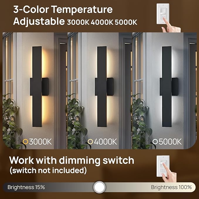 Upgraded 2-Pack 23.6in Black Long Modern LED Outdoor Wall Lights 3000K 4000K 5000K Dimmable Exterior Wall Sconce Outside Light fixtures for House Garage Front Door