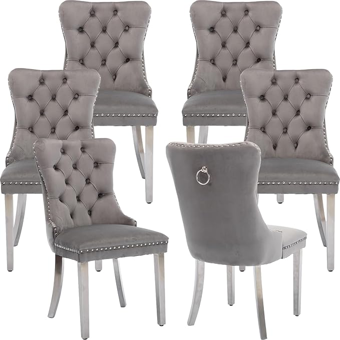 Luxury Upholstered Dining Chairs Set of 6, Grey Kitchen Chair with Silver Metal Legs, Velvet Tufted Back Dining Chair, Sillas de Comedor, Modern Kitchen & Dining Room Chairs (Gray, 6 Pcs)