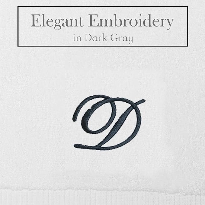 White Monogrammed Hand Towels for Bathroom - Luxury Hotel Quality Personalized Initial Embroidered Towel for Powder Room, Spa - GOTS Organic Certified - Set of 2 Dark Gray Letter D