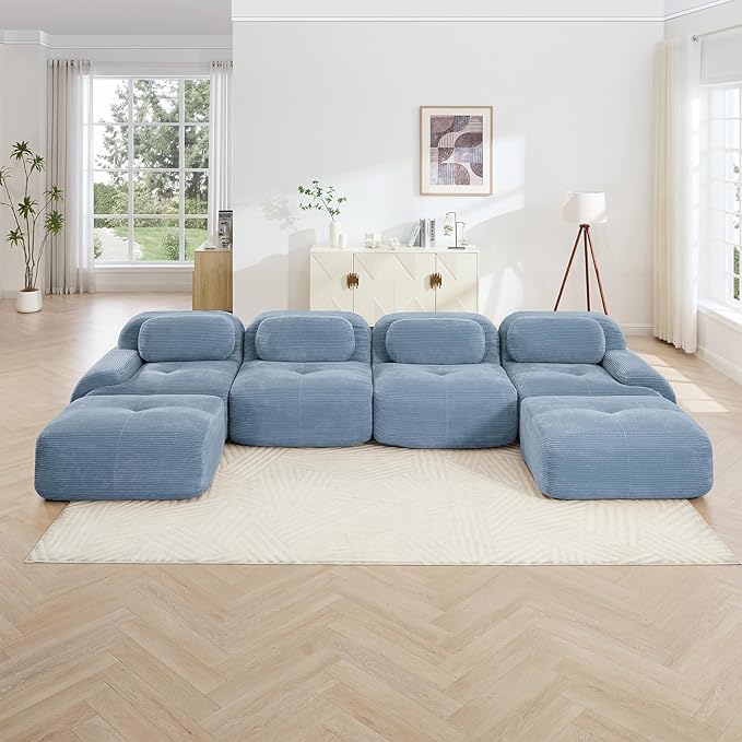 152" Modern Corduroy Cloud Sofa with Ottoman, U Shaped Boneless Modular Large Sectional Couches for Living Room, Blue 4 Seater Compressed Memory Foam Couch, Extra Deep Seat, No Assembly
