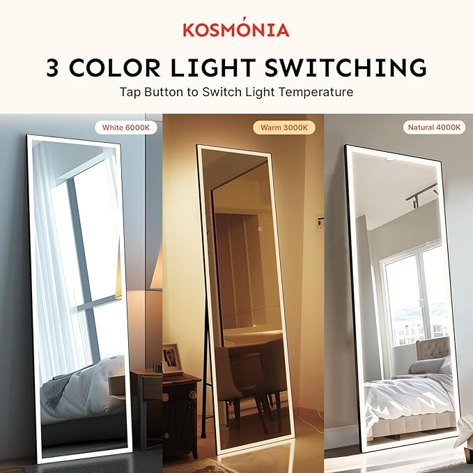 Kosmonia 58"x18" Full Length LED Mirror with Lights, 3 Color Modes & Dimmable Brightness, Wall Mount/Standing/Lean-On Floor Mirror for Bedroom, Vanity, Dressing Room