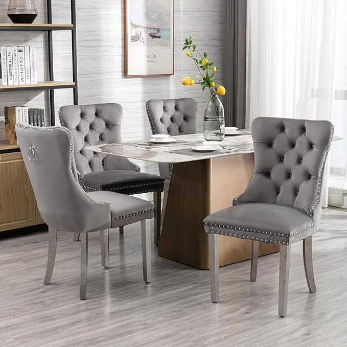 Luxury Upholstered Dining Chairs Set of 8, Grey Kitchen Chair with Silver Metal Legs, Velvet Tufted Back Dining Chair, Sillas de Comedor, Modern Kitchen & Dining Room Chairs (Gray, 8 Pcs)
