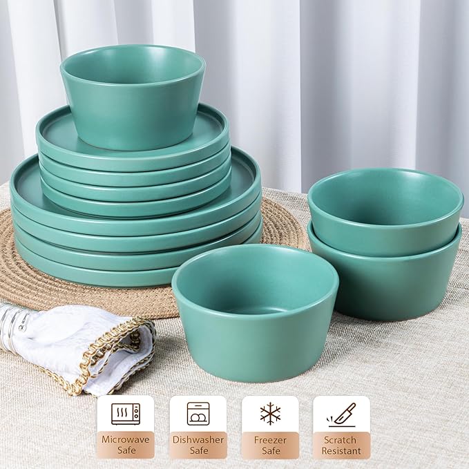 Dinnerware Sets for 4 - CJDC-QUELO 12-Piece Stoneware Plates and Bowls Sets, Ceramic Dishware Sets for Kitchen Use and Formal Dining, Chip and Scratch Resistant Microwave Dishwasher Safe, Green