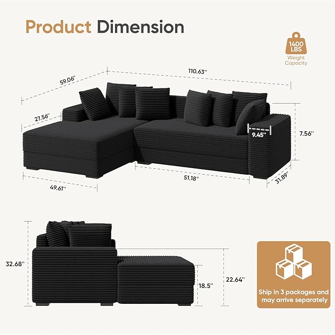111‘’ Sectional Cloud Couches with L Shaped Chaise, Extra Large Sleeper Couch Reversible Corduroy with 8pcs Pillows for Living Room, Bedroom