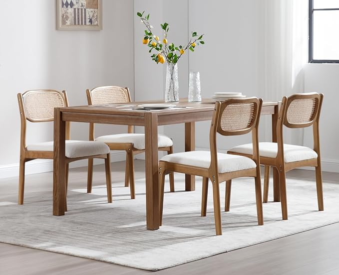 EALSON Farmhouse Rattan Dining Chairs Set of 6 Modern Mid Century Wood Dining Room Chairs with Cane Back Upholstered Sherpa Boucle Kitchen Side Chairs for Living Dining Room,Cream