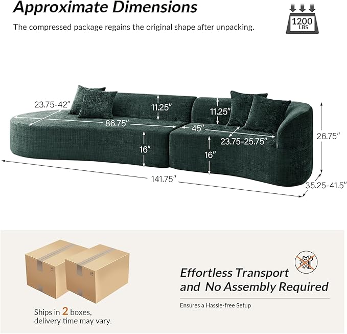 141.75" Oversized Boneless Sectional Sofa with 4 Pillows, Modern Curved Design All-Foam Cushion, No Assembly Required Large Floor Cloud Couch for Living Room, Olive