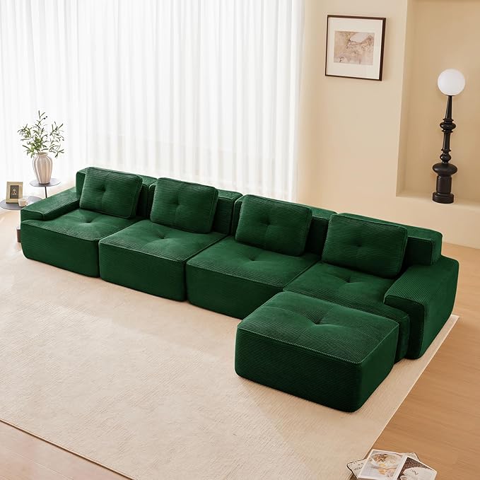 Green Ottoman for Modular Sectional Sofa, Corduroy Deep Seat for Oversized Compressed Boneless Sectional Couches for Living Room Bedroom Apartment, Cloud Sofa Couch, Memory Foam, No Assembly
