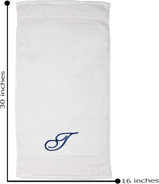 White Monogrammed Hand Towels for Bathroom - Luxury Hotel Quality Personalized Initial Embroidered Towel for Powder Room, Spa - GOTS Organic Certified - Set of 2 Navy Letter T