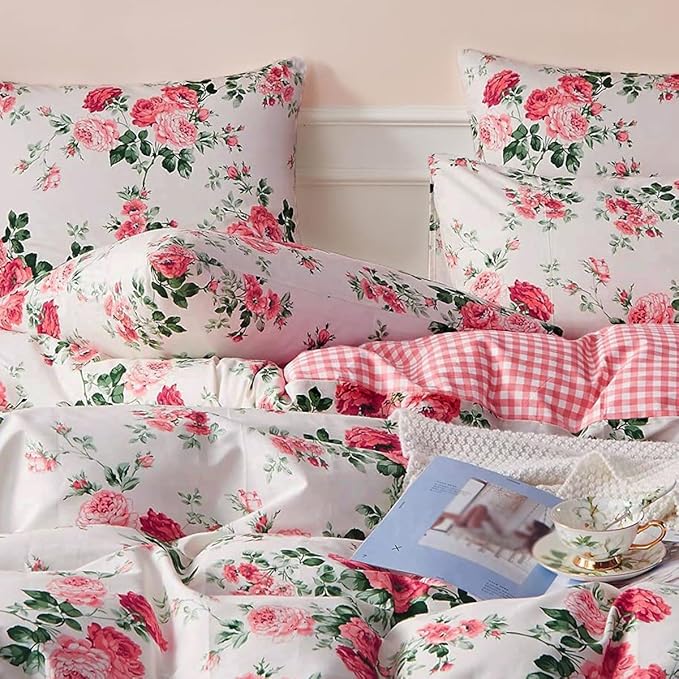 Rose Flower Duvet Cover Full Size Pink Floral Plaid Grid Duvet Cover 100% Microfiber Girls Flower Comforter Cover with Zipper Closure Vintage Country Bedding Botanical Floral Comforter Cover Full