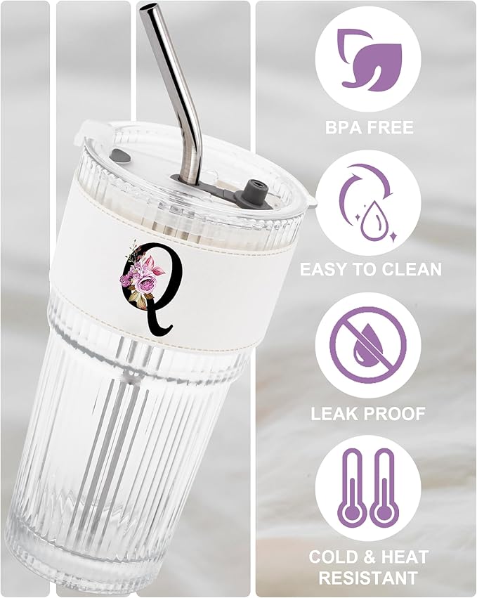 Monogram Glass Cup with Lid Straw Ribbed Ice Tea Coffee Matcha Latte Tumbler Women Appreciation Gratitude Teacher End of Year Aide Gifts Female Nurse Team Mom Coach Librarian Leader Doctor Gift Q