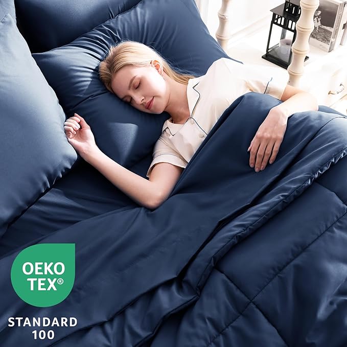 CozyLux King Size Comforter Set Navy Blue, 7 Pieces Bed in a Bag, Navy Blue Comforter King Size, All Season Bedding Sets with Stitch Quilted Comforter, Flat Sheet, Fitted Sheet, Pillowcases