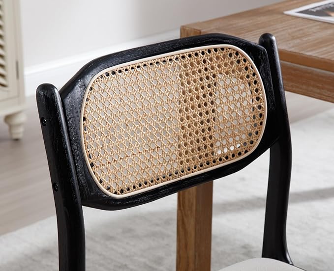EALSON Mid Century Modern Rattan Dining Chairs Set of 4 Upholstered Linen Dining Room Chairs with Cane Back Farmhouse Kitchen Chairs Comfy Side Chairs with Black Wood Frame,Beige