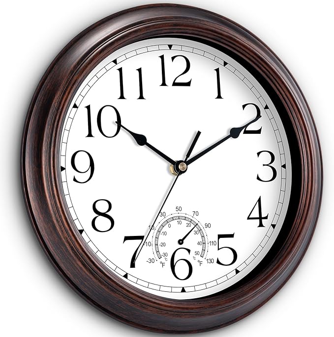14 Inch Outdoor Wall Clock with Thermometers, Vintage Silent Wall Clocks Battery Operated, Retro Non-Ticking Clock Decorative for Living Room, Patio, Kitchen, Office, Bathroom, Bedroom(Bronze)