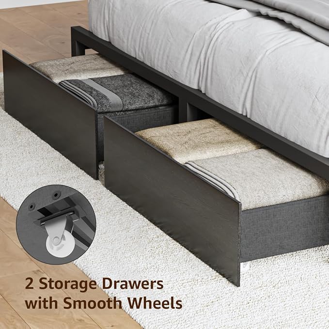 Full Size Black Bed Frame with 4 Storage, Upholstered Velvet Platform Bed Frames with Button Tufted Headboard Led Lights, Wooden Slats Support, No Box Spring Needed, Black
