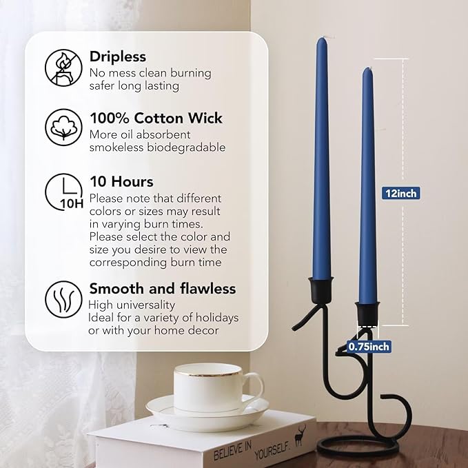 New Burning Formula Unscented Dripless 12-Inch Taper Candles Set of 12 - Dark Blue, for Wedding, Dinner - Smokeless, Long Burning - Hand Poured, Colored Tall Candlesticks - Azul Oscuro