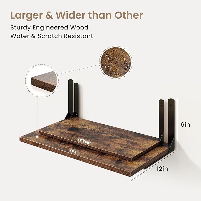 Fun Memories Rustic Brown 12 Inch Deep Floating Shelves Set of 2, Wall Mounted Shelf with Metal Brackets, Rustic Wood Wall Shelf for Bathroom, Kitchen and Living Room