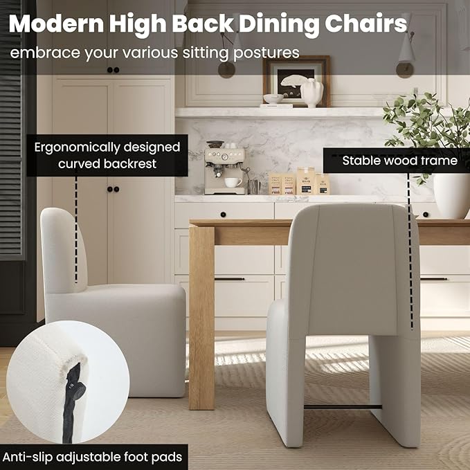 White Upholstered Chenille Dining Chairs Set of 6, Mid Century Modern Dining Room Chairs with Deep Seat & Curved Back, Armless Side Chair Comfy Kitchen Chairs for Living Room/Kitchen