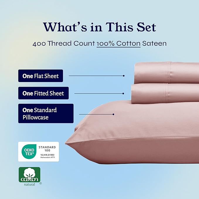 California Design Den Twin XL Bed Sheets Set - 400 Thread Count Sateen, Natural 100% Cotton Twin XL Sheet Set, Deep Pockets, All Around Elastic, Cool and Durable Bedding for Dorm Room - Mauve