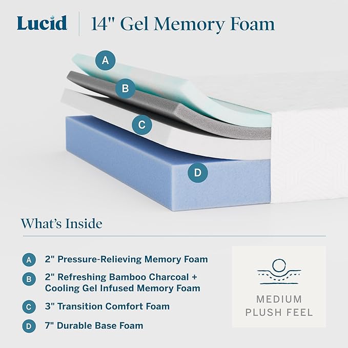 Lucid 14 Inch Memory Foam Mattress - Medium Plush Feel - Infused with Refreshing Bamboo Charcoal and Cooling Gel - Bed in a Box - Temperature Regulating - Pressure Relief - Breathable - Twin Size