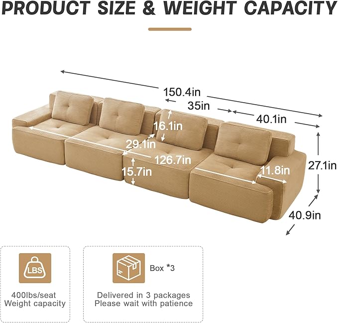 150.4'' Sectional Sofa, 32D Foam Corduroy Boneless Couch with Pillow, Deep Seat Wide Arm Sectional Couch for Apartment, Living Room, Bedroom