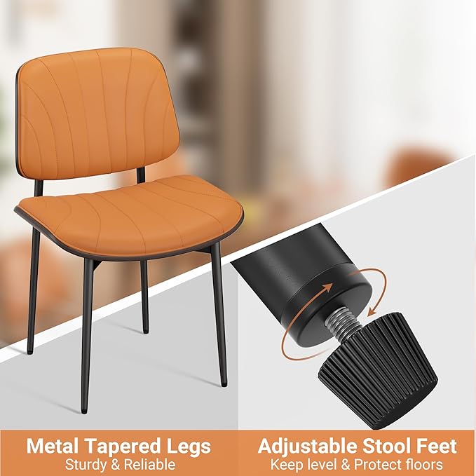 Dining Chairs Set of 2, Mid-Century Modern Upholstered PU Leather Chairs with Walnut Back and Metal Legs Adjustable Feet for Kitchen Dining Room, Orange Shell Strips