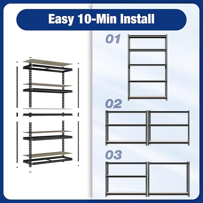 WORKPRO 5-Tier Storage Shelf, 72" H Heavy Duty Adjustable Garage Shelving Unit 2180LBS Capacity, for Basement, Kitchen, Pantry, 27.6”Wx11.8”Dx60”H, Black