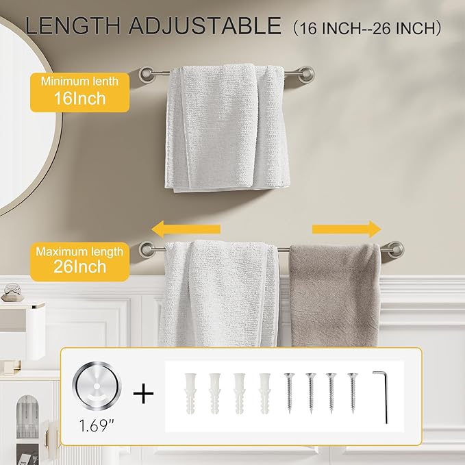 BESy Adjustable Bronze 16 to 26 Inch Bath Towel Bar Rack for Bathroom Towel Holder, Wall Mounted Towel Bar Rod Hanger Bathroom Hardware Accessories Hotel Style, Stainless Steel, Brushed Nickel