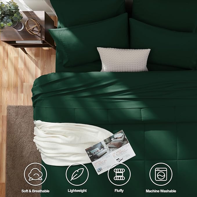 CozyLux King Size Comforter Set Emerald Green, 7 Pieces Bed in a Bag, Green Comforter King Size, All Season Bedding Sets with Stitch Quilted Comforter, Flat Sheet, Fitted Sheet, Pillowcases