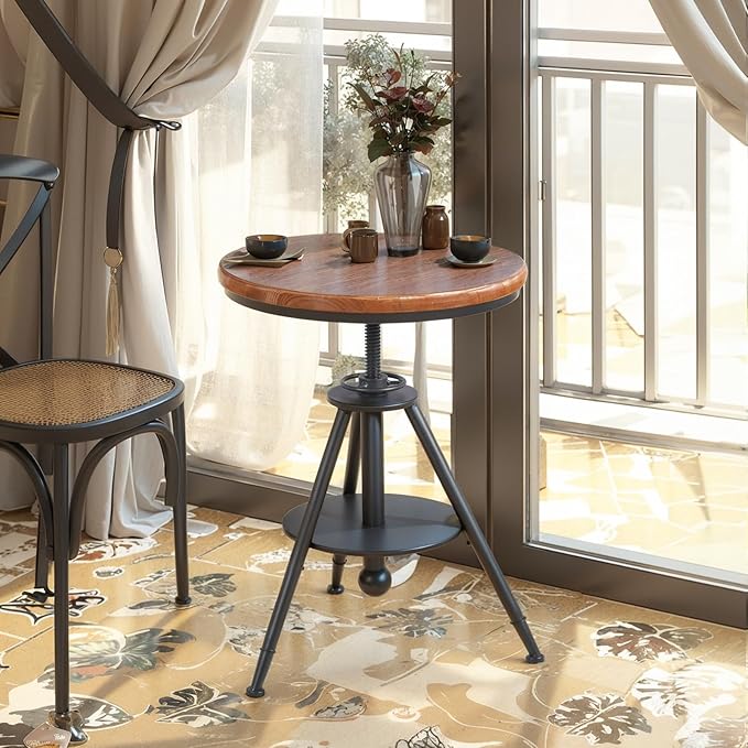 Dia 19.7" Round Pub Table Height Adjustable with 360 Swivel Solid Wood Tabletop for Dining Bistro Cafe Home Bar, Rustic Brown