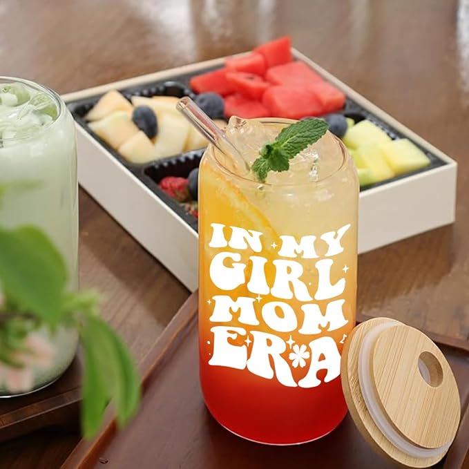 In My Girl Mom Era 16oz Glass Cup - Drinking Cup with Lid and Straw for Moms - Christmas & Mothers Day Gifts