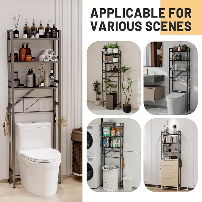 Over The Toilet Storage Cabinet, Metal 3 Tier Bathroom Organizer Shelf, Stable Freestanding Above Toilet Stand, Black