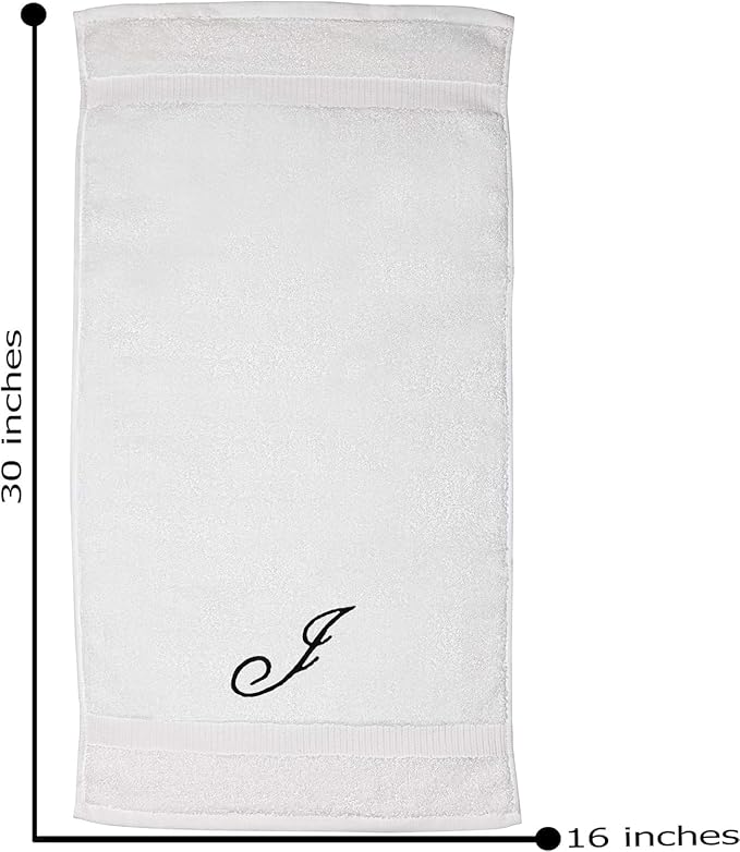 White Monogrammed Hand Towels for Bathroom - Luxury Hotel Quality Personalized Initial Embroidered Towel for Powder Room, Spa - GOTS Organic Certified - Set of 2 Black Letter J