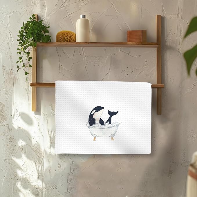 Funny Killer Whale Kids Bathroom Hand Towels, Sea Life Nautical Ocean Animal Decor for Bathrooms, Fun Killer Whale Taking Bath Hand Towels for Bathroom Washroom, 16x24In