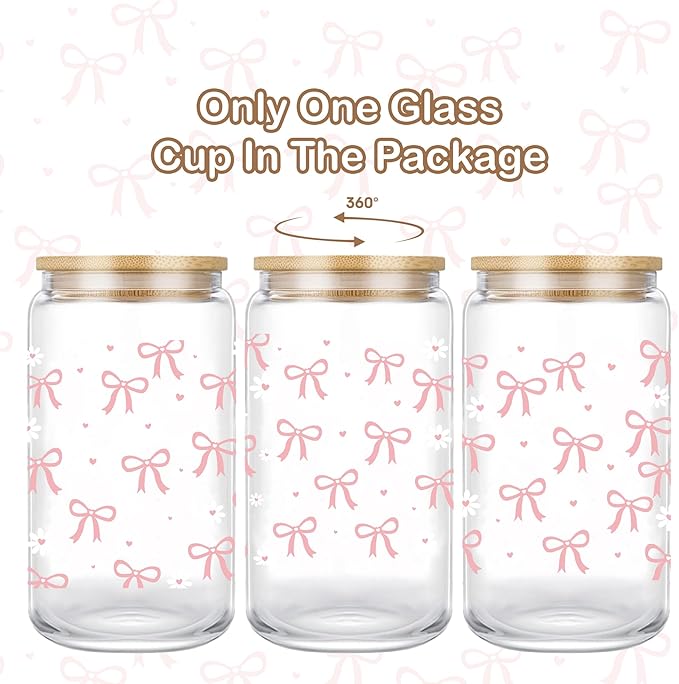 Pink Bow cup 16oz Glass Cups with Lids and Straws, Daisy Aesthetic Coffee Glass Cup, Pink Cute Drinking Glasses for Women Friend Sister Her Coffee Lover, Pink Party Supplies