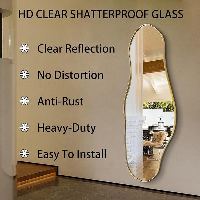 Large Asymmetrical Mirrors, 55"x22" Irregular Shaped Mirror, Gold Metal Frame Abstract Wall Mirror Decorative, Modern Funky Mirrors for Living Room Bathroom Bedroom Hallway Entryway Fireplace