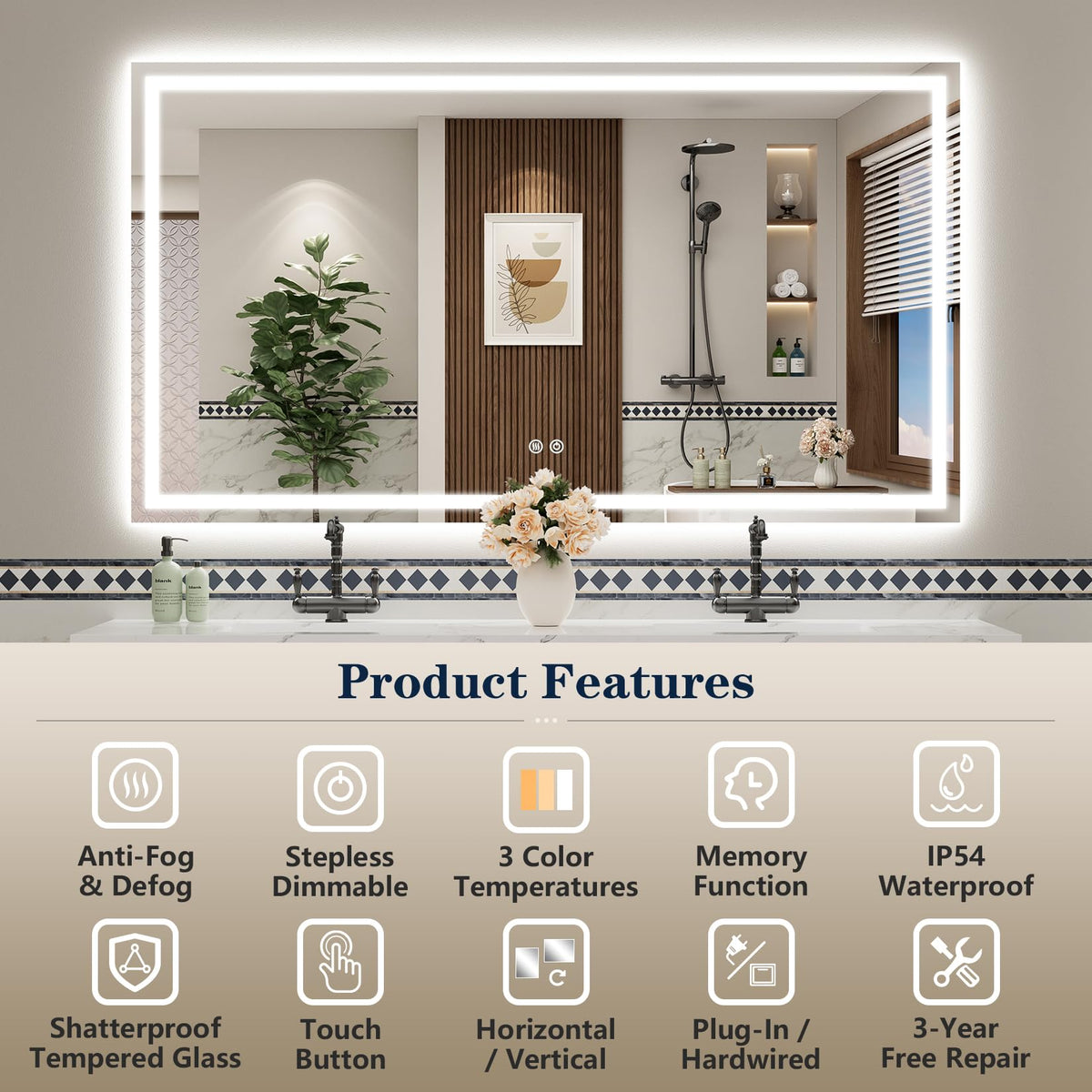 VEEYLOS 77x36 Inch LED Bathroom Mirror with Lights, Backlit & Front Lit