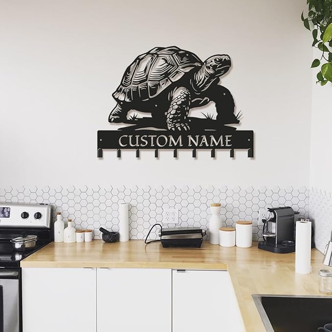 Custom Tortoise Metal Key Holder for Wall, Personalized Family Name Metal Sign with Hooks, Entryway Coat Rack and Organizer for Keys, Leashes, Hats (Style-1)
