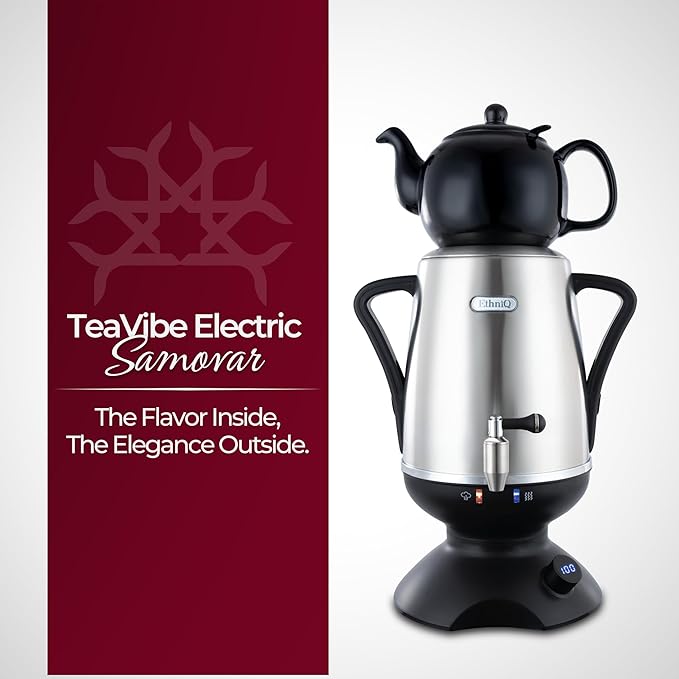 ETHNIQ - Electric Samovar | 4L Stainless Steel Tea Maker | Adjustable Temperature Controller | Boil Dry & Auto Shot-off | 1.2L Porcelain Teapot | Turkish, Persian, Russian Tea Kettle (Black)