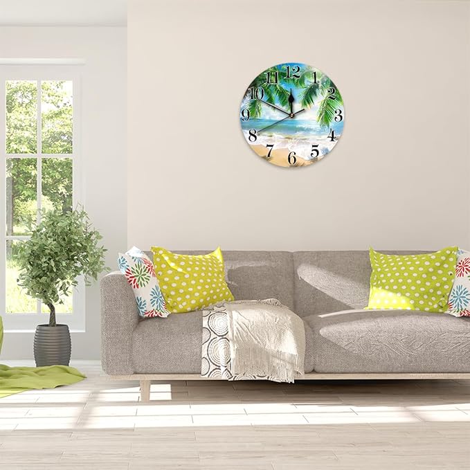 Tropical Beach Coconut Tree Wall Clock Battery Operated 10 in Round Wall Clocks Slilent Non Ticking Quartz Analog Clock for Bedroom Kids Living Room Classroom Decor
