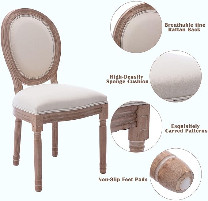 Nrizc French Country Dining Chairs Set of 4, Farmhouse Fabric Chairs with Round Back, Solid Wood Legs, Oval Side Chairs for Kitchen/Bedroom/Dining Room