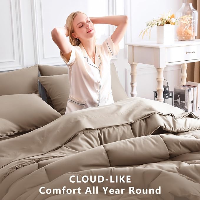 CozyLux Full Size Comforter Sets Khaki, 7 Pieces Bed in a Bag, Khaki Comforter Full Size, All Season Bedding Sets with Stitch Quilted Comforter, Flat Sheet, Fitted Sheet, Pillowcases