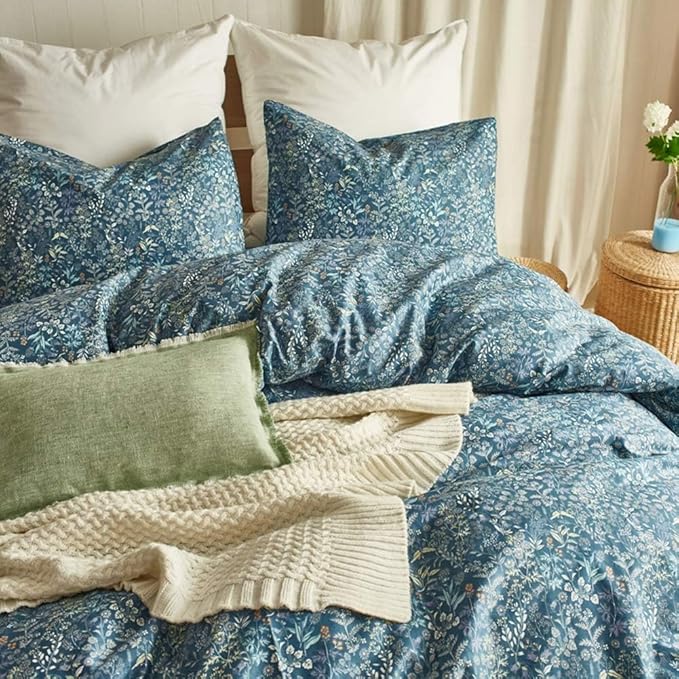 LifeTB Vintage Floral Duvet Cover Small Blue Flower Duvet Cover Twin XL Garden Style Floral Comforter Cover Cotton Floral Botanical Duvet Cover Chic Aesthetic Bedding Duvet Cover with Zipper Closure