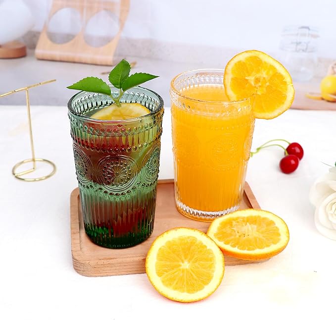 6pcs Vintage Drinking Glasses Set, 12 oz Atroviens Highball Glasses, Embossed Ribbed Glassware Cups for Cocktail, Water, Juice, Coffee, Whiskey