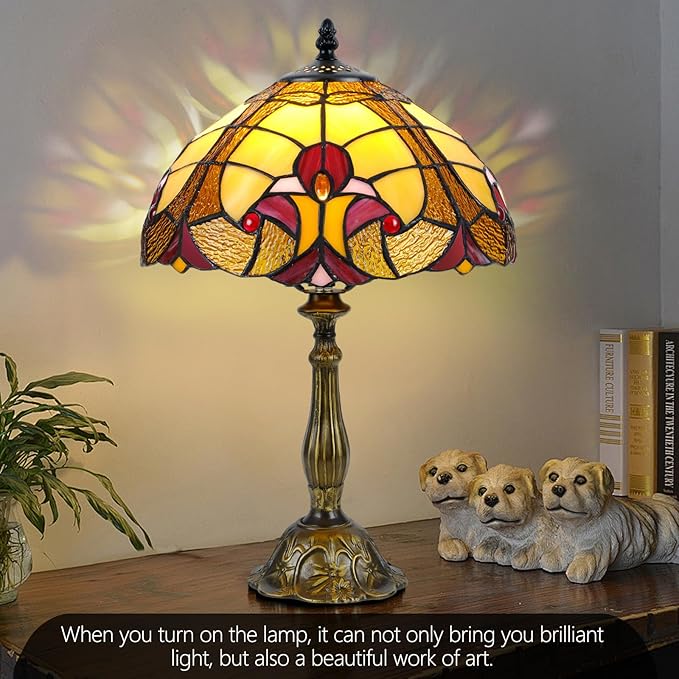 Majestic 12-Inch Tiffany Style Table Lamp,Handcrafted Baroque Stained Glass Lamp with 9W LED,Grand Tiffany Lamps for Living Room, Dining Room, Luxury Home Decor.