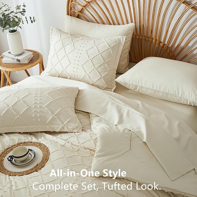 Beige Tufted Comforter Set Queen Size 7 Piece Bed in a Bag,Shabby Chic Boho Comforter and Sheet Set,All Season Soft Microfiber Complete Bedding Set(Beige,90"x90")