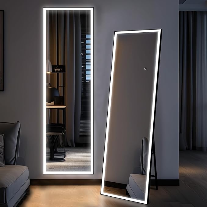 Kosmonia 68x20 Full Length Mirror, Dimmable 3 Color LED Light w/Light Memory, Distortion Free Silver Coating Mirror, HD Reflection &Anti Desilvering,Tempered Glass &Shatter Proof Film Doubles Safety