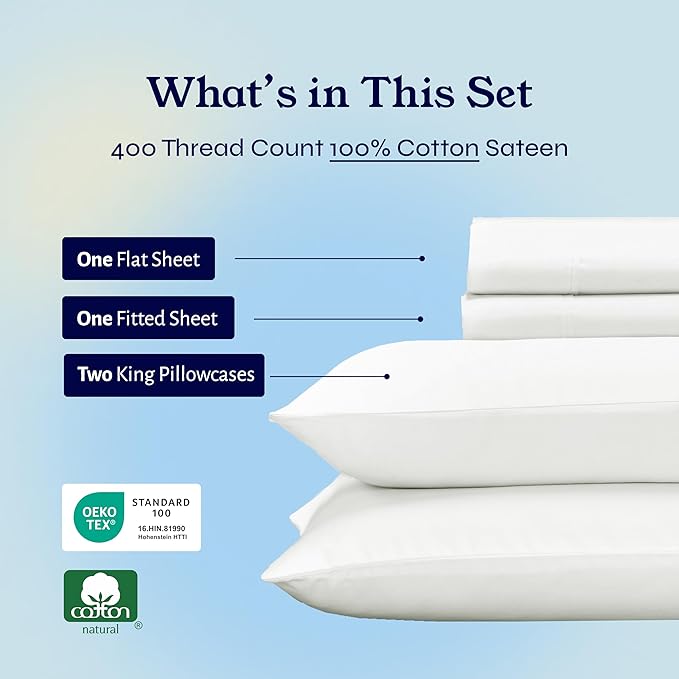 California Design Den King Bed Sheets Set - Soft 400 Thread Count Sateen, Natural 100% Cotton Sheets, Deep Pockets, All Around Elastic for a Snug Fit, Cool & Durable Bedding Set - Ivory (Pale Tone)