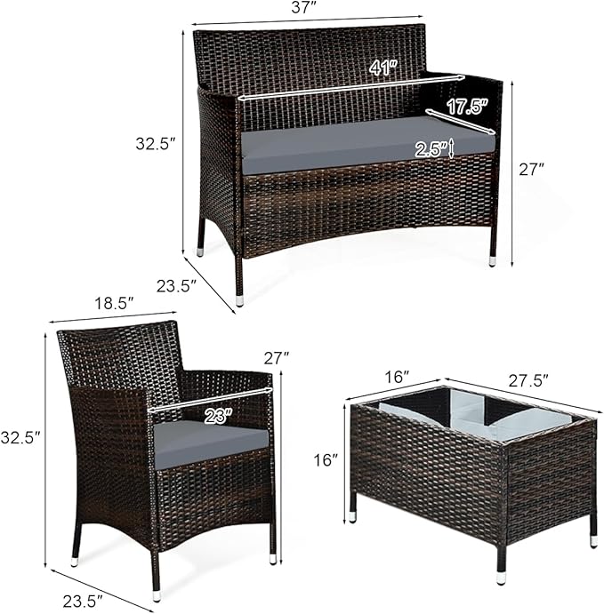 Tangkula 4 PCS Patio Rattan Conversation Set, Outdoor Wicker Furniture Set with Tempered Glass Coffee Table &Thick Cushion, Rattan Chair Wicker Set for Garden, Lawn, Poolside and Backyard (1, Gray)