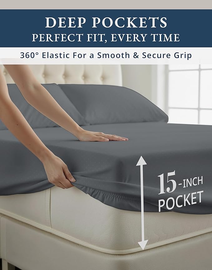 LANE LINEN 100% Egyptian Cotton Sábanas Full Size, Soft & Comfy Natural Cooling Mercerized Cotton Sheets Full Size, No Pill Fade Resistant 15" Deep Pocket Jaquard Swiss Dot - Charcoal