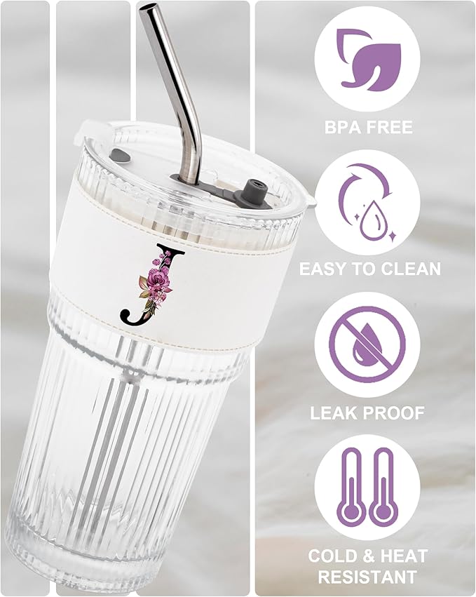 Letter Glass Cup with Lid Straw Ribbed Ice Tea Coffee Matcha Latte Clear Tumbler Cute Stuff Brides Wedding Her Day Bridal Shower Bachelorette Personalized Customized Gift Party Engaged Engagement J